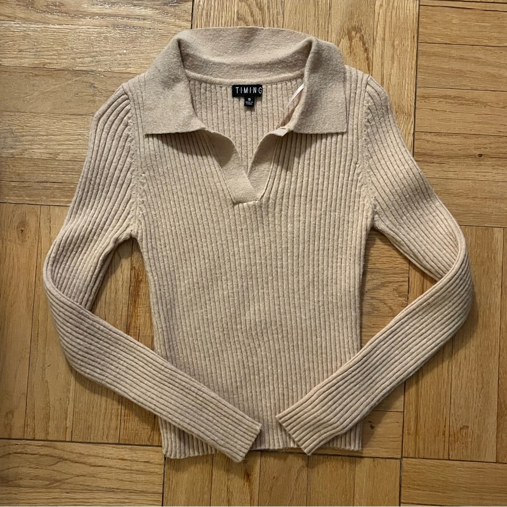Fashion Nova Beige V-Neck Ribbed Sweater